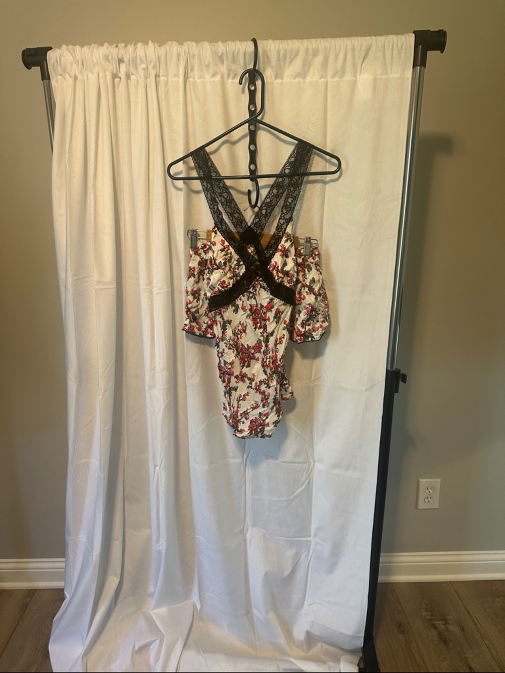 Anthropologie Cream Floral Cami set with Black Lace Straps